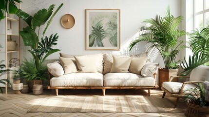 Elegant Scandinavian living room with a plush sofa, sleek wooden floor, white walls, and lush green plants
