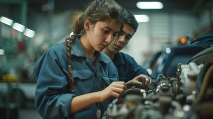 student in an automotive teacher's class were working on engine parts together. The female student...