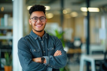 Obraz premium Portrait of smiling young multiethnic man looking at camera with crossed arms. Successful latin business woman standing in modern office with copy space. Young university hispanic boy with smile.
