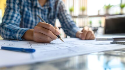 Close-up shot of architect's hand working on architectural plans. Creative professional hand-drawing blueprints for interior design project.