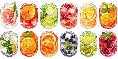 Refreshing summer drinks with fruit slices.