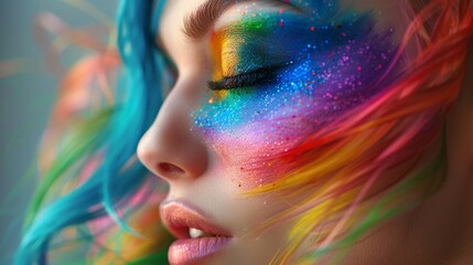Closeup of a woman with vibrant rainbow makeup and colorful hair