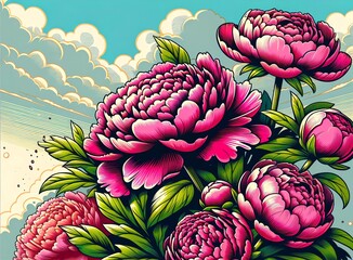 Illustration of Pink Peony flowers