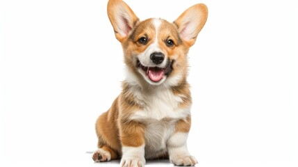 Obraz premium cute puppy with a tongue sticking out. The puppy is sitting on a white background. The puppy has a happy expression on its face