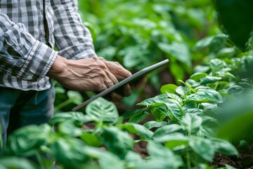 Smart Farmer or Agronomist using digital tablet for analysis of plantation in the farm