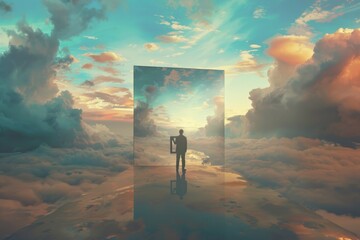 A man standing in front of a mirror in the sky. Suitable for surreal concepts