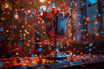 Elegant chalice amidst a vibrant shower of colorful confetti, symbolizing celebration and luxury
