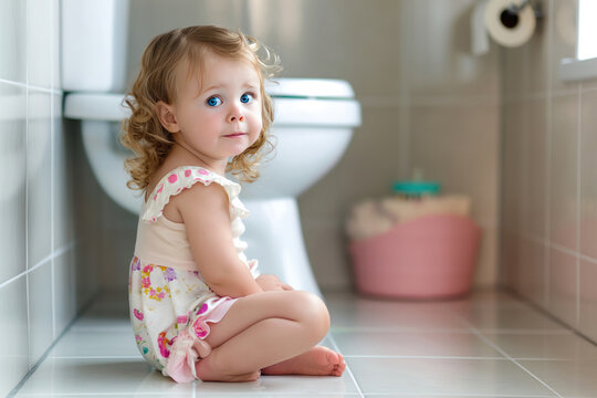 Adorable toddler near the flush toilet in bathroom. Potty training and hygiene concept.