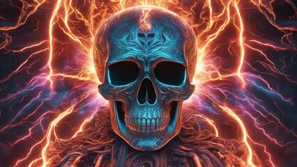 skull in fire skull  driving through fire and ice, with lightning sinister complimentary colors, 
