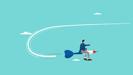 business objective change, change management goals or business strategy to achieve business success, businessman riding dart changing direction to the right target concept vector illustration