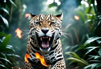 
three-dimensional image of a jaguar running away from fire 1