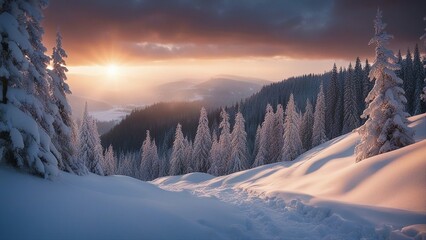 sunrise in the mountains A fairy tale scene of winter magic, where the fir trees are the guardians of the snow.  