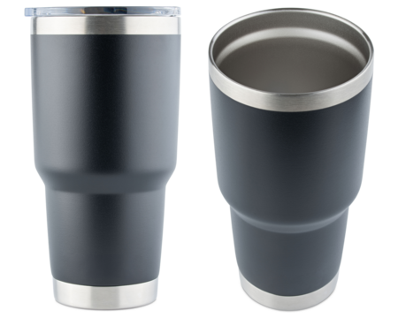 Tumbler. Tumbler thermos mug for iced coffee, tea. Stainless steel travel cup for drinking. Reusable water bottle. Simple modern classic Insulated black tumbler with flip lid. Isolated background