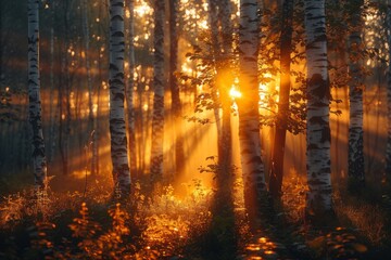 Fototapeta premium A mesmerizing sunset casting golden light rays through birch trees in a peaceful forest setting