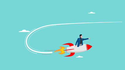 change business direction with businessman riding a rocket changing direction to the right target, change management goals or business strategy to achieve business success