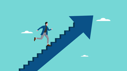 business growth with career path development, investment earning rising up as a path to career success, Improvement or career growth, businessman climbing stairs on rising arrow graph