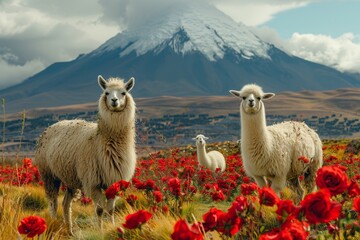Fototapeta premium Three llamas in the foreground with vibrant red flowers and the majestic, snow-capped Mount Cotopaxi in the background