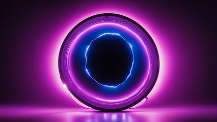 glowing neon number 0 A black canvas with a circular electric discharge in blue and purple hues 
