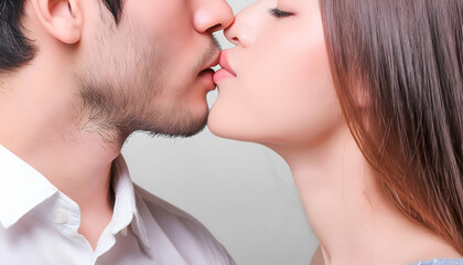 Fototapeta premium Young couple lips kiss, close up sensual and love on digital art concept.