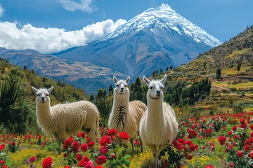 Fototapeta premium Two adult alpacas and a baby standing in a field with red flowers, with the snowy Mount Cotopaxi in the distance