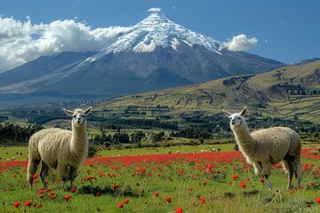 Fototapeta premium Two alpacas appear to pose with the imposing Mount Cotopaxi looming in the background, amidst a field of red flowers