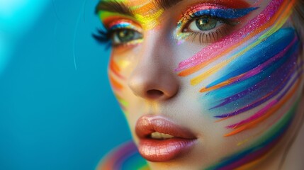 Closeup of a woman's face with bold, colorful rainbow makeup