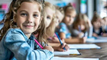 Fototapeta premium primary elementary school group of children studying in the classroom. learning and sitting at the desk. young cute kids smiling, high quality photo