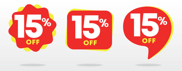 15% off. Discount price, value. Special offer tag, sticker. Advertising red, yellow, business. Campaign shop, sales, retail, store. Set, vector, icon