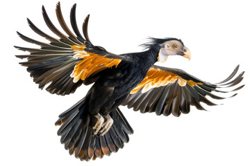 Fototapeta premium Exotic Black and Orange Bird in Mid-Flight with Spread Wings Isolated on White Background