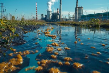 An industrial plant with smokestacks reflects on the surface of a contaminated water body, highlighting environmental concerns and pollution
