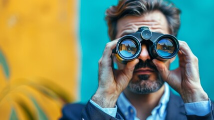 Businessman using binoculars to target. Mission Vision concept