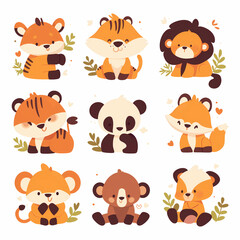 Cute cartoon animals set. Tiger, panda, bear, koala, lion, tiger, panda, kangaroo. Vector illustration