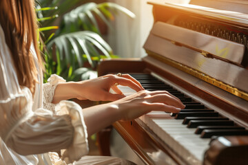 Closeup woman's hand playing piano
