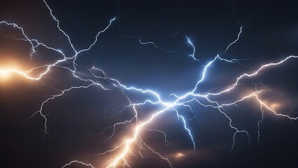 lightning in the night A dark sky with white and blue lightning bolts, creating a stunning and electrifying image.