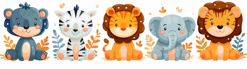 Cute animal set with lion, tiger, koala, giraffe, lioness, zebra and elephant. Vector illustration