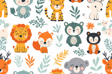 Seamless pattern with cute animals. Vector illustration. Flat style.