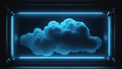 cloud computing concept A blue neon frame on a black background with a stormy cloud inside 
