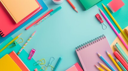 Vibrant back to school background with colorful pencils, books, and stationery arranged in a creative composition, school, education, creativity, stationer