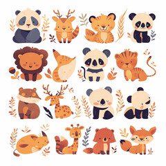 Cute cartoon animals set. Panda, tiger, koala, giraffe, panda, fox, bear. Vector illustration