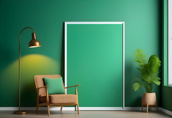 A mockup of a blank photo frame hanging on a green wall with a floor lamp and potted plant next to it