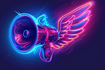 A neon megaphone with wings on a dark background, suitable for promotional or advertising purposes