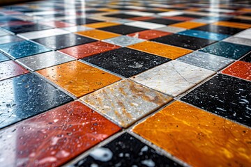 Colorful terrazzo floor tiles, freshly dotted with raindrops, combine practicality with vibrant aesthetics