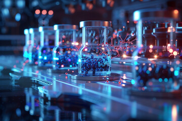 Nanotech in medicine, zoom on nano-particles used in drug delivery, futuristic lab setting 