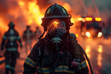 A firefighter clad in protective gear stands against an inferno, ready to battle the flames engulfing the background