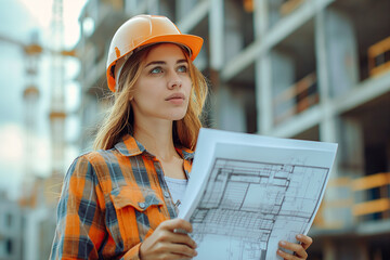 Young female architect construction specialist reviewing blueprints at construction site