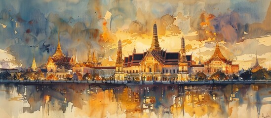 Regal Watercolor Depiction of Thailand s Grand Palace s Ornate Facades and Golden Spires