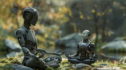 Fototapeta premium Cross-legged meditation by a human and robot showcases harmony in nature. Robotic relationships