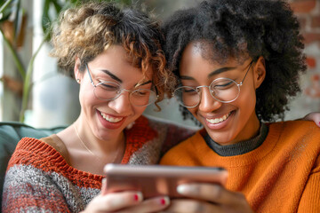 Homosexual multiracial female couple sitting on comfortable sofa at home looking at a digital tablet