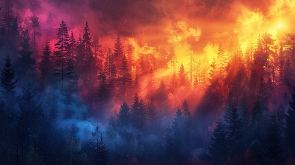 Naklejka premium colorful forest with sun rays copy space for text