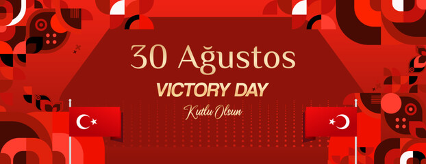 Naklejka premium Turkey Victory Day wide banner in modern geometric style with red colors. Turkish National Day greeting card template illustration on August 30. Happy Victory Day Turkey